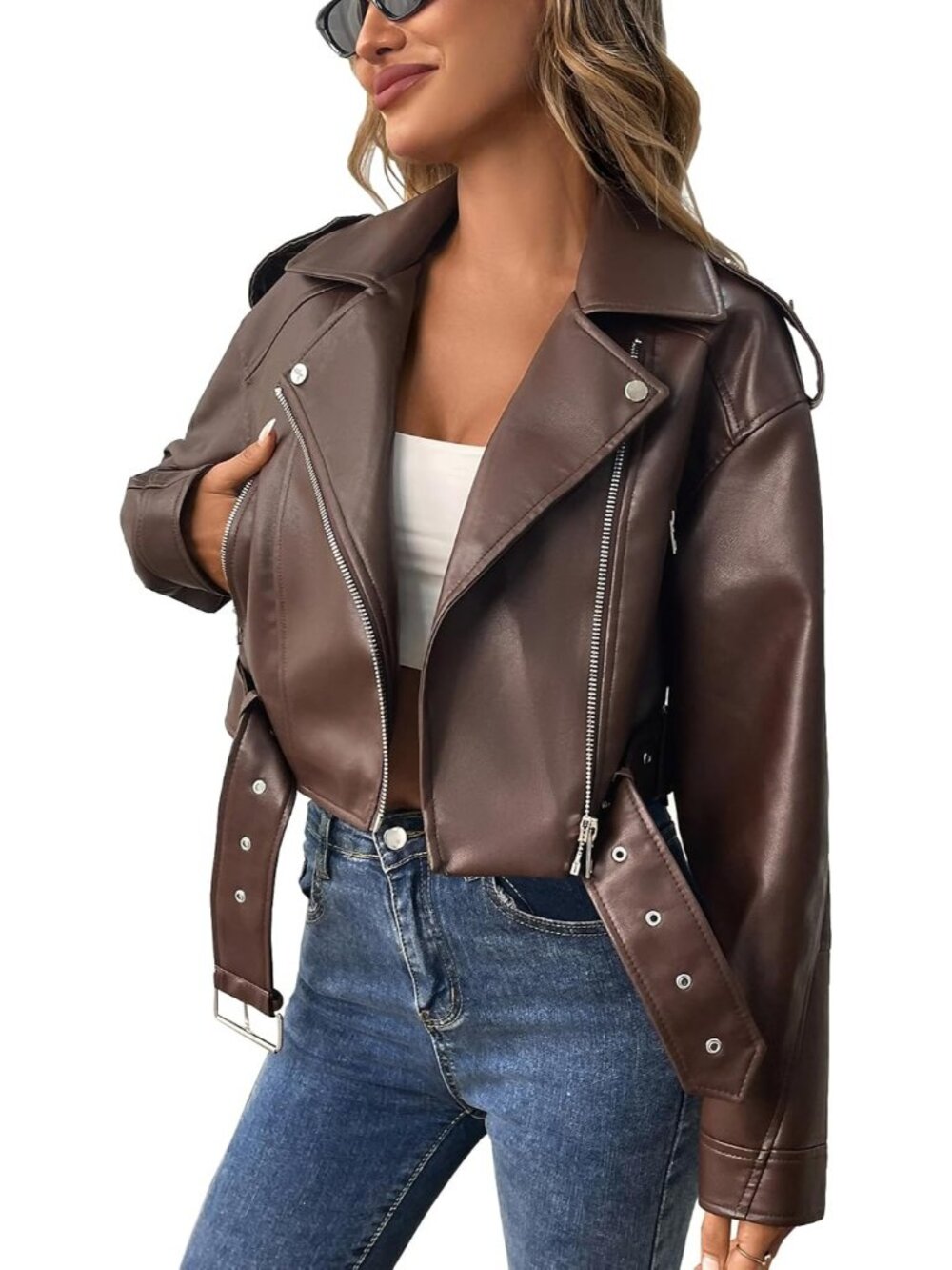 Women's Red Brown Long Sleeve Coat Fall Belt Faux Leather Winter Cropped Jacket